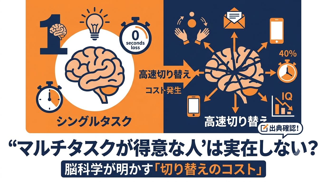 「マルチタスクが得意な人」は実在しない？——脳科学が明かす切り替えのコストと、盛られた数字の見抜き方